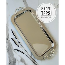 Özbience Iki Adet Gümüş Renk Dikdörtgen Çıkarılabilir Kulp Çay ve Kahve Servis Tepsisi