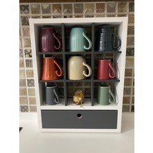 Ediz Ahşap  Minimal Çekmeceli 9 Gözlü Mutfak Kahve Köşesi Kupa Düzenleyicisi