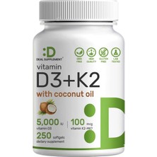 Deal Supplement Vitamin D3 5,000 Iu + K2 Mk7 100MCG With Virgin Coconut Oil Supports Heart Bone Teeth Immune Health 250 Softgels