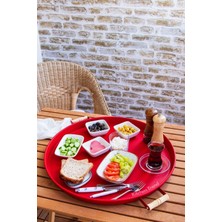 Özbience 51 cm Ahşap Kulplu Kırmızı Metal Yuvarlak Sunum Tepsisi