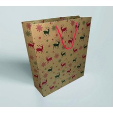 Karton Çanta 35X42X12 cm 10 Adet Geyik Desenli Kraft Kağıt 2 Renk Baskılı