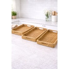 Özbience 3’lü Rattan Dikdörtgen Tepsi Seti, Doğal ve Şık Sunumlar Için