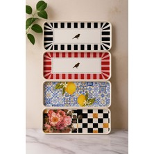 Özbience Dört Renkli Desenli Dikdörtgen Kahve Sunum Tepsisi Seti