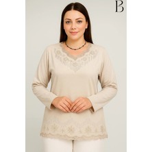 BURSPA Rahat Kesim V Yaka Etek Ucu Tül ve Inci Işlemeli Krem Anne Penye Bluz
