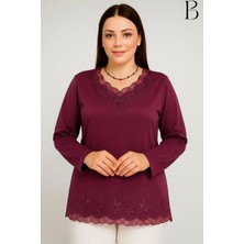 BURSPA Rahat Kesim V Yaka Etek Ucu Tül Inci Işlemeli Mürdüm Anne Penye Bluz