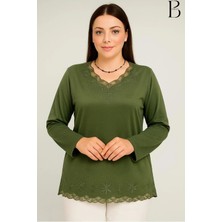 BURSPA Rahat Kesim V Yaka Etek Ucu Tül Inci Işlemeli Haki Anne Penye Bluz