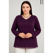 BURSPA Rahat Kesim V Yaka Etek Ucu Tül Inci Işlemeli Mor Anne Penye Bluz