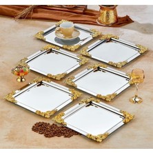 Özbience 6'lı Paslanmaz Çelik Kare Sunum Tepsisi, Gül Detaylı Dekoratif Aksesuar