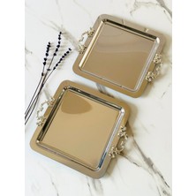 Özbience 2 Adet Gümüş Kare Çıkarılabilir Kulp Çay ve Kahve Servis Tepsisi