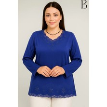 BURSPA Rahat Kesim V Yaka Etek Ucu Tül Inci Işlemeli Mavi Anne Penye Bluz