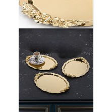 Özbience 3'lü Gold Oval Gül Motifli Kahve-Çay Sunum Tepsisi 25X20 cm