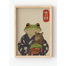 Miovi Works Samurai Frog | Çerçeveli Modern Minimal Kedi & Kurbağa Duvar Dekorasyonu Poster Tablo