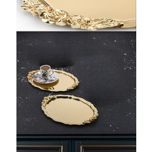 Özbience 2'li Gold Oval Gül Motifli Kahve-Çay Sunum Tepsisi, 25X20 cm