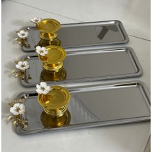 Özbience Çelik Dikdörtgen Beyaz Çiçekli Sunum Tepsisi ve Gold Makarna 3'lü Takım