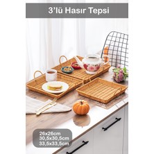 Özbience Kare 3'lü Dekoratif Hasır Sepet ve Tepsi Seti, Ev, Banyo, Mutfak Organizasyonu