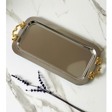 Özbience Gümüş Renk Dikdörtgen Çıkarılabilir Gold Kulp Detaylı Servis Tepsisi