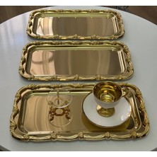 Özbience 3'lü Gold Büyük Dikdörtgen Çerçeveli Servis ve Sunum Tepsisi Seti