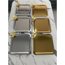 Özbience 2'li Lüx Kare Kelebek Aksesuarlı Çelik Sunum Tepsisi Seti