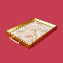 Özbience Yeşil Ahşap Dikdörtgen Tepsi, Kuş ve Çiçek Desenli, 43 cm