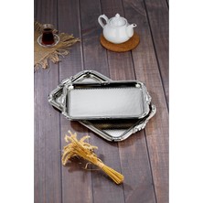 Özbience Paslanmaz Çelik Dikdörtgen 2'li Metal Tepsi Seti Gümüş