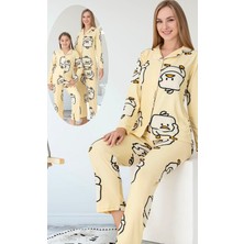 Civciv Desenli Düğmeli Uzun Kollu Anne Kız Pijama Takımı