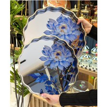 Özbience Şık Mavi Çiçekli Aynalı Lüks Tepsi Çiftli Set