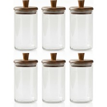 Edenza 420 ml Borosilikat Cam Kavanoz Ahşap Akasya Kapaklı | Baharat, Kahve ve Saklama Kavanozu 6lı Set