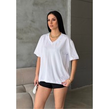 Bejna Kadın V Yaka Yaka Oversize %100 Pamuklu Basic T-Shirt