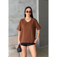 Bejna Kadın V Yaka Yaka Oversize %100 Pamuklu Basic T-Shirt