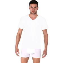 Thermoform Bambu Erkek V Yaka Tişört Kısa Kollu Fanila Atlet ve Boxer Şort Seti Beyaz