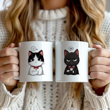 YasBey Design Sevgililere Özel  2'li Kedi Figürlü 330ML Baskılı Beyaz Seramik Kupa Bardak