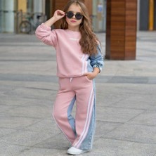 Yiğit Butik Kız Çocuk Şeritli Kot Parçalı Alt Üst Takım