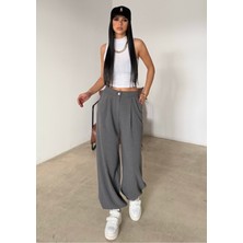 Bejna Kadın Pileli Oversize Dokuma Şalvar Pantolon