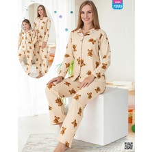 Angel Valeska Ayıcık Desenli Düğmeli Uzun Kollu Anne Kız Pijama Takımı