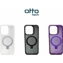 Otto Tech iPhone 15Plus Buzlu Şeffaf Kılıf Metal Standlı Mor-Şeffaf