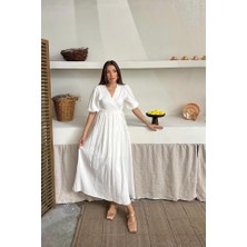 Moderie Butik Ekru Müslin Uzun Elbise
