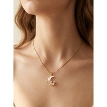 Craftique Beyaz Işıltılı Ay Hilal ve Takım Yıldızı Çelik Kolye – Zirkon Taşlı Minimal ve Şık Takı