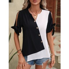 Moderie Butik Kadın Kısa Kollu Kollardan Bağlamalı Önden Asimetrik Kesim Çift Renk Detaylı Düğmeli Ithal Krep Bluz