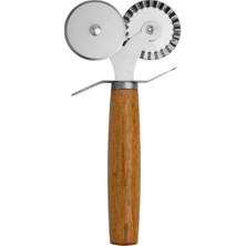 Çift Başlı Yuvarlak ve Tırtıklı Hamur Kesici Pizza Ruleti Börek Kesme Bıçağı Bambu Saplı