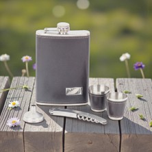 Elifeshop Deri Kaplamalı Paslanmaz Çelik Içki Matarası Shot Bardak & Açacak Seti 9 Oz 270 Ml. Outdoor Matarası
