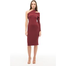 Perspective Bordo Asimetrik Yaka Slim Fit Diz Altı Elbise