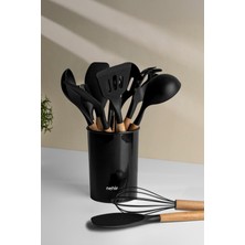 Özbience Şık Siyah Ahşap ve Silikon 12 Parça Servis Takımı