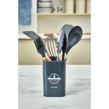 Özbience Şık 7 Parça Kayın Ağacı ve Silikon Başlıklı Servis Seti Antrasit