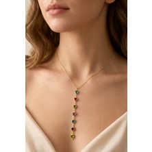 Craftique Y Model Çok Renkli Kalp Taşlı Gold Zincir Kadın Çelik Kolye | Minimal Şık Tasarım