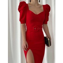 Kemer Detaylı Krep Kumaş Elbise