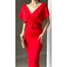 AS15 Incili Kruvaze Midi Boy Kemerli Elbise,