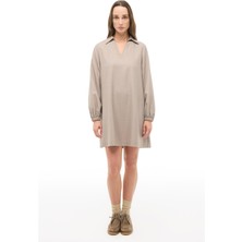 Perspective Bej Gömlek Yaka Çiçekli Midi Elbise