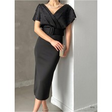 AS15 Incili Kruvaze Midi Boy Kemerli Elbise,