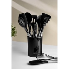 Özbience Raven Siyah Paslanmaz Çelik ve Silikon 12 Parça Servis Takımı