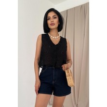 Moderie Butik Siyah Sıfır Kol Brode Bluz